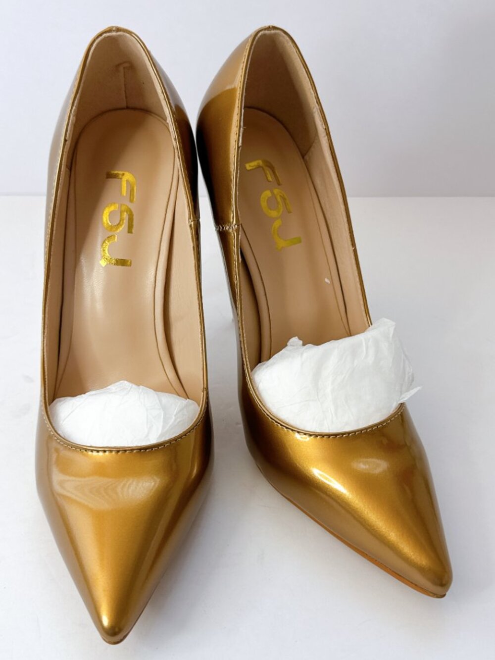 Size 7.5 Gold Patent Stiletto Heels Pointed Toe Pumps Classic Party Shoes FSJ
